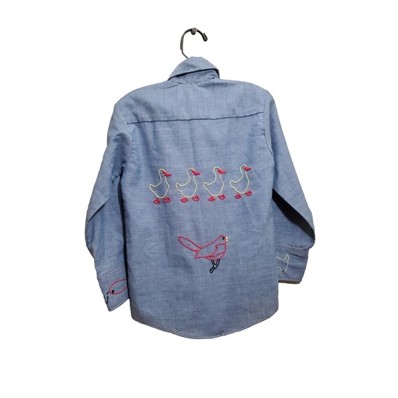 1970s Levis Orange Tab Shirt Boy's 5 Chambray Embroidered Vintage Plane Animals - Picture 4 of 10